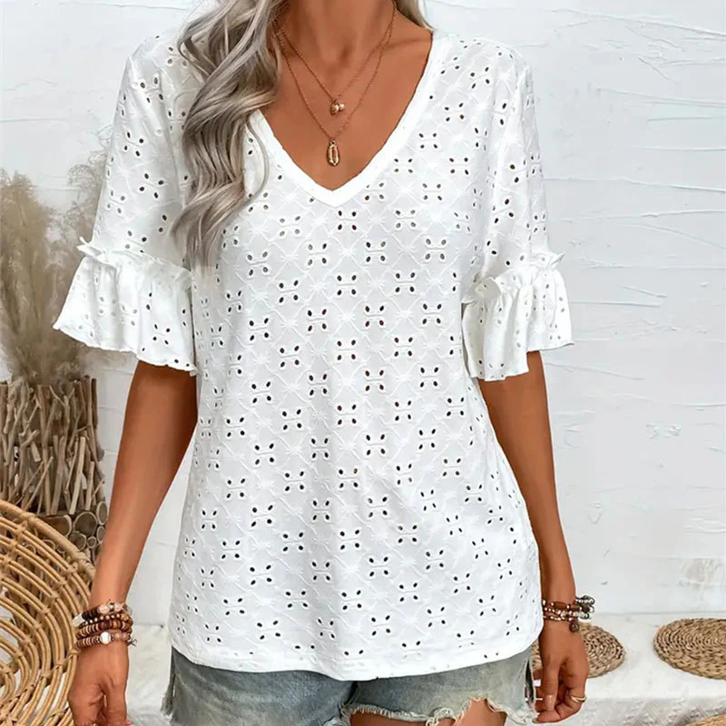 Knitted embroidered hollow ruffle V-neck short-sleeved top - Se7enfashion