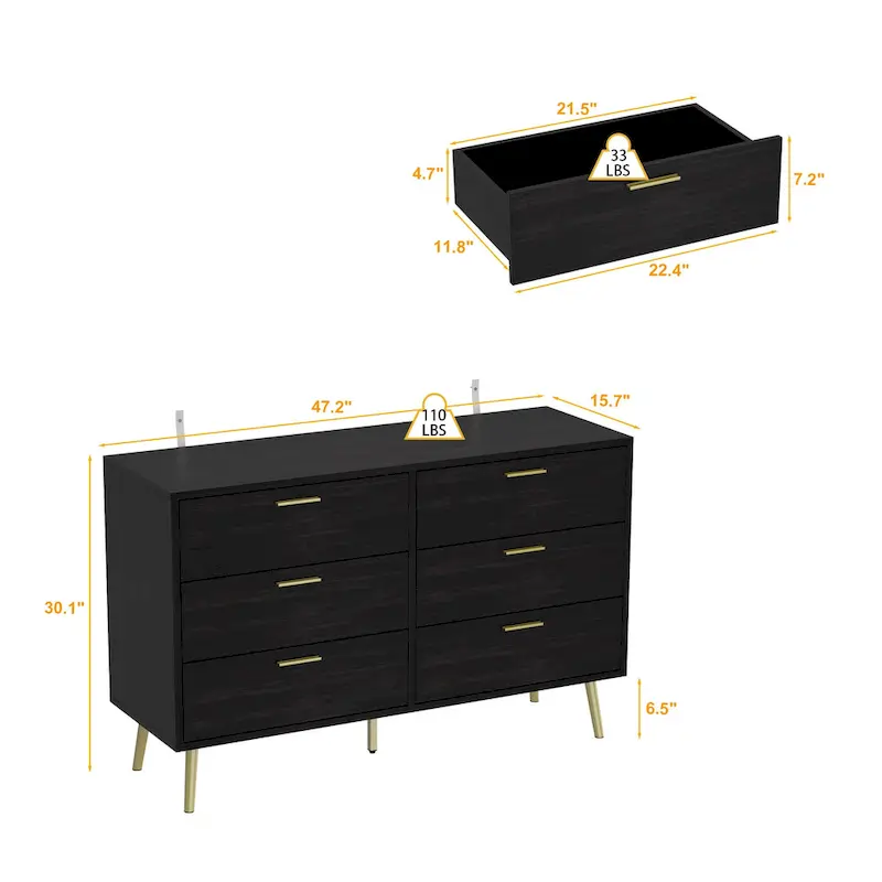 Elegant 6-Drawer Double Dresser with Gold Accents for Stylish Bedroom Storage
