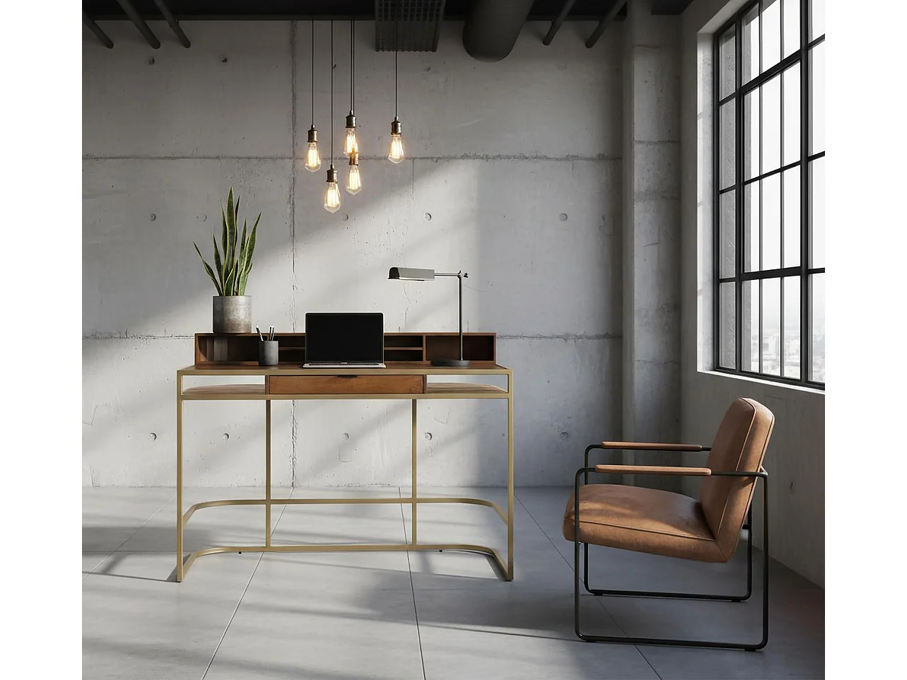 Escritorio fabricado a mano en madera de mango y estructura dorada