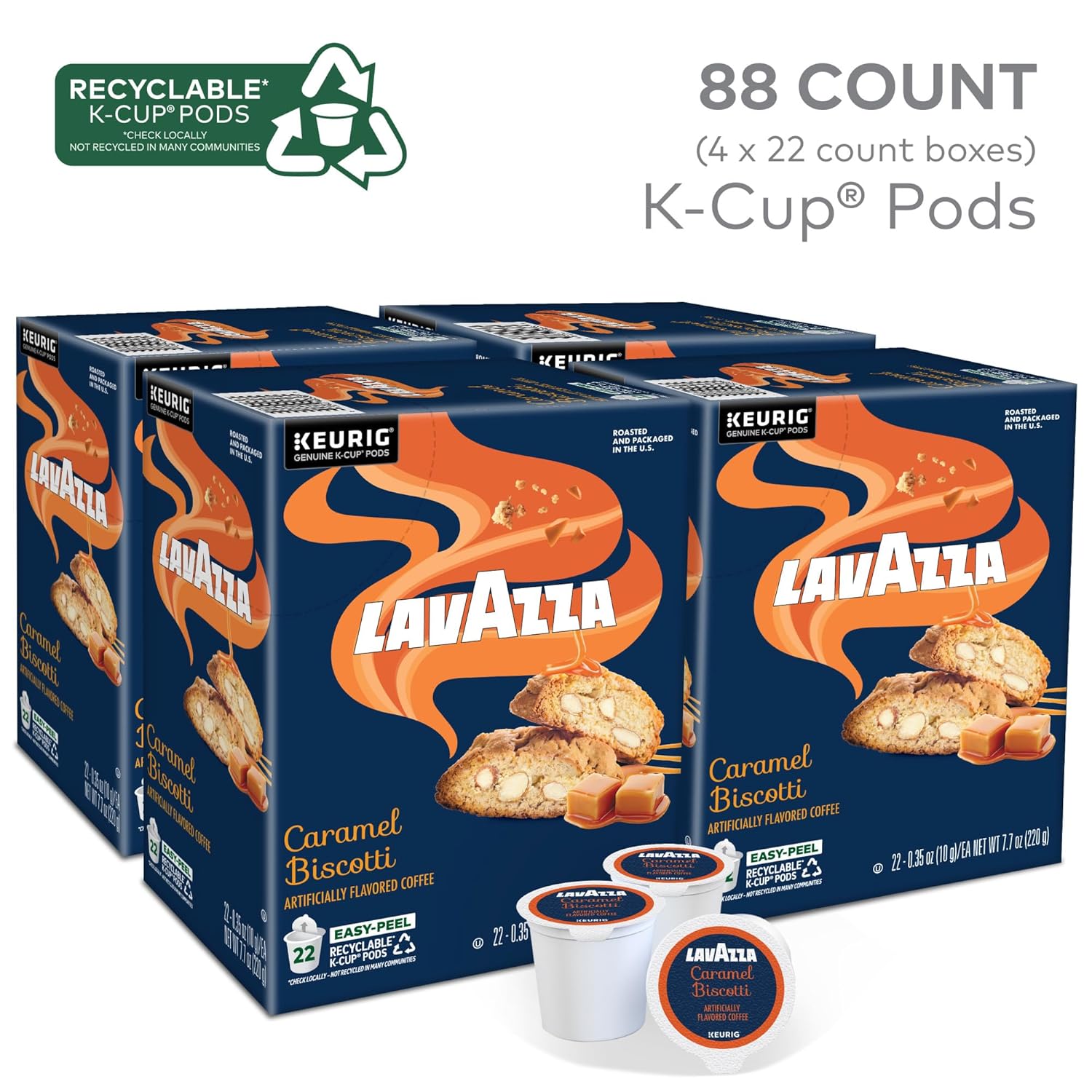 Lavazza Caramel Biscotti Coffee. Single Serve Keurig K-Cup Pods. Flavored Coffee. 88-Count Box (4 Packs of 22)