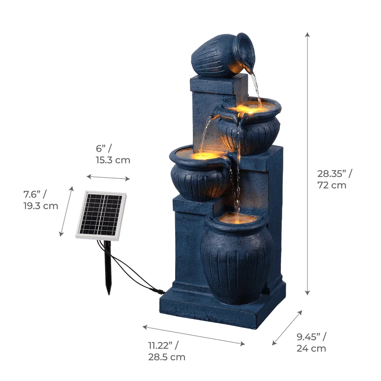 Teamson Home Outdoor Water Fountain with Lights-C 4-Tier Cascading Bowl Design with LED Light & Solar Pump, Solar-Powered Water Fountain Outdoor Garden, Yard, or Patio D-cor, Navy Blue - Image 2