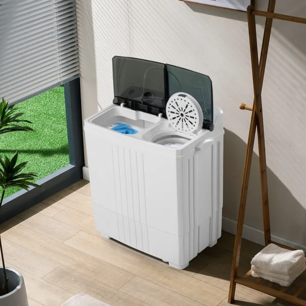 20Lb Twin Tub Washing Machine w/ Built-In Pump - Semi-Automatic 1300RPM Compact Washer for Apartment, Dorm, RV, Camping, White/Black - Image 10
