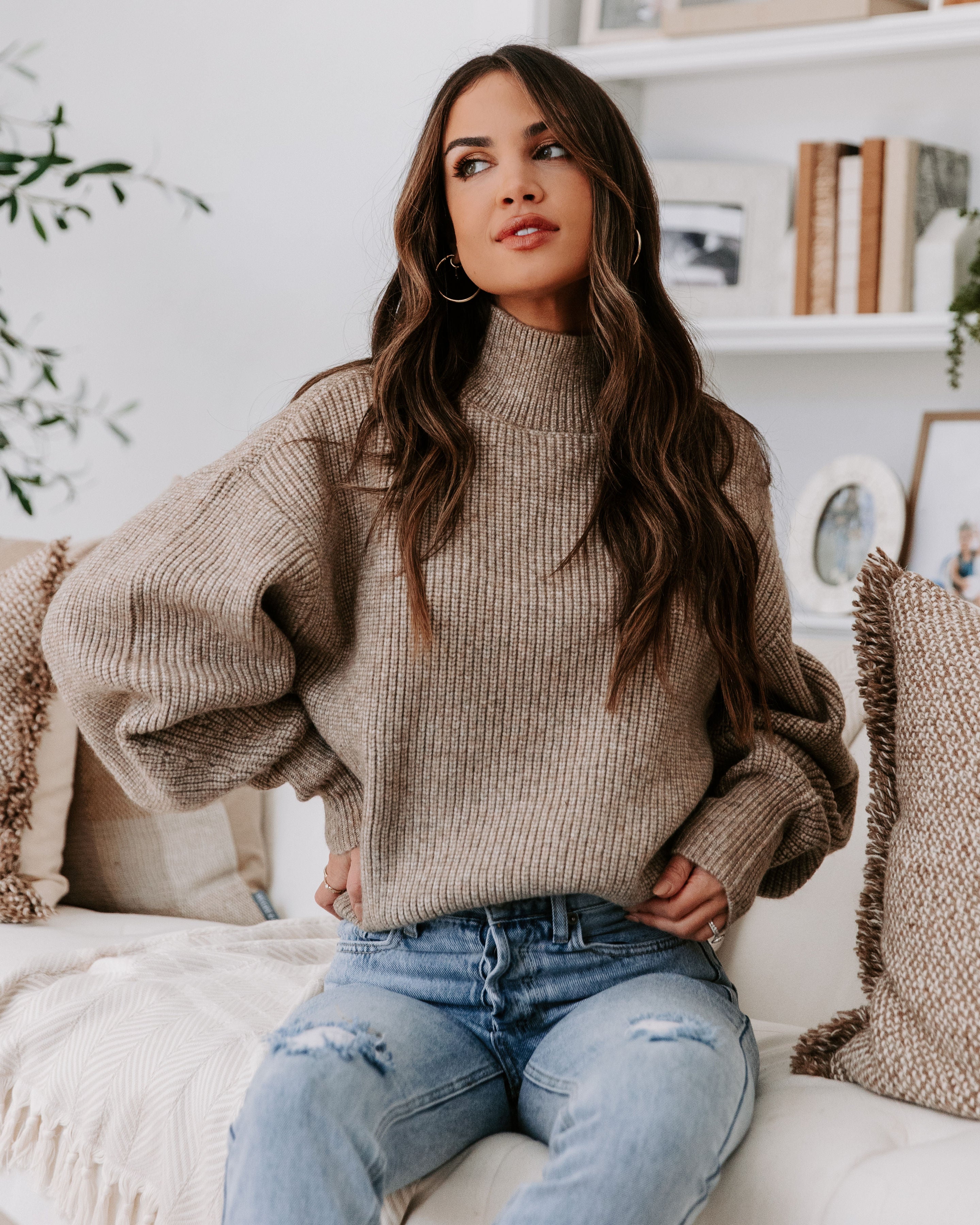 Khloe Knit Mock Neck Pullover Sweater - Taupe - Se7enfashion