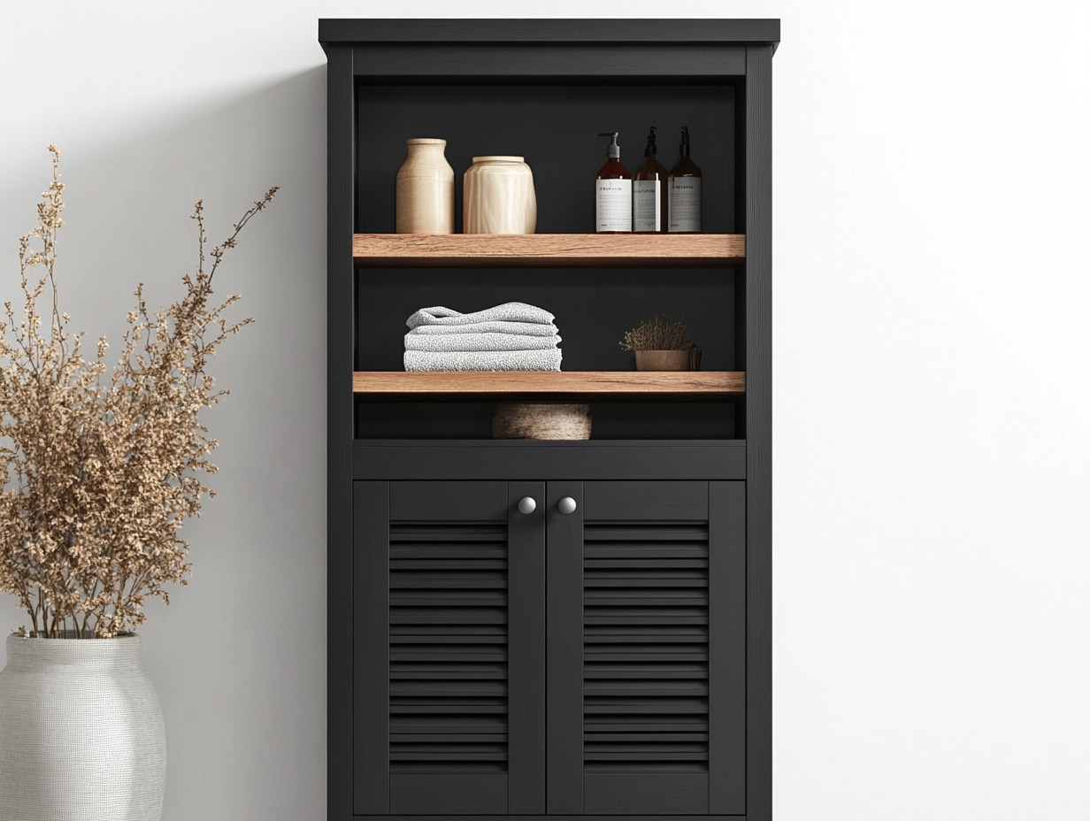 Armario de pared negro con puertas y estantes de madera maciza