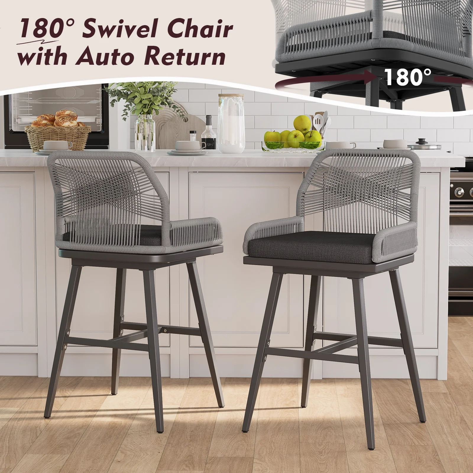 MEISSALIVVE Set of 2 Rattan Swivel Bar Stools, 26" Counter Height with Woven Rope Back, Cushioned Patio Bar Chairs for Kitchen, Garden, Beige - Image 14