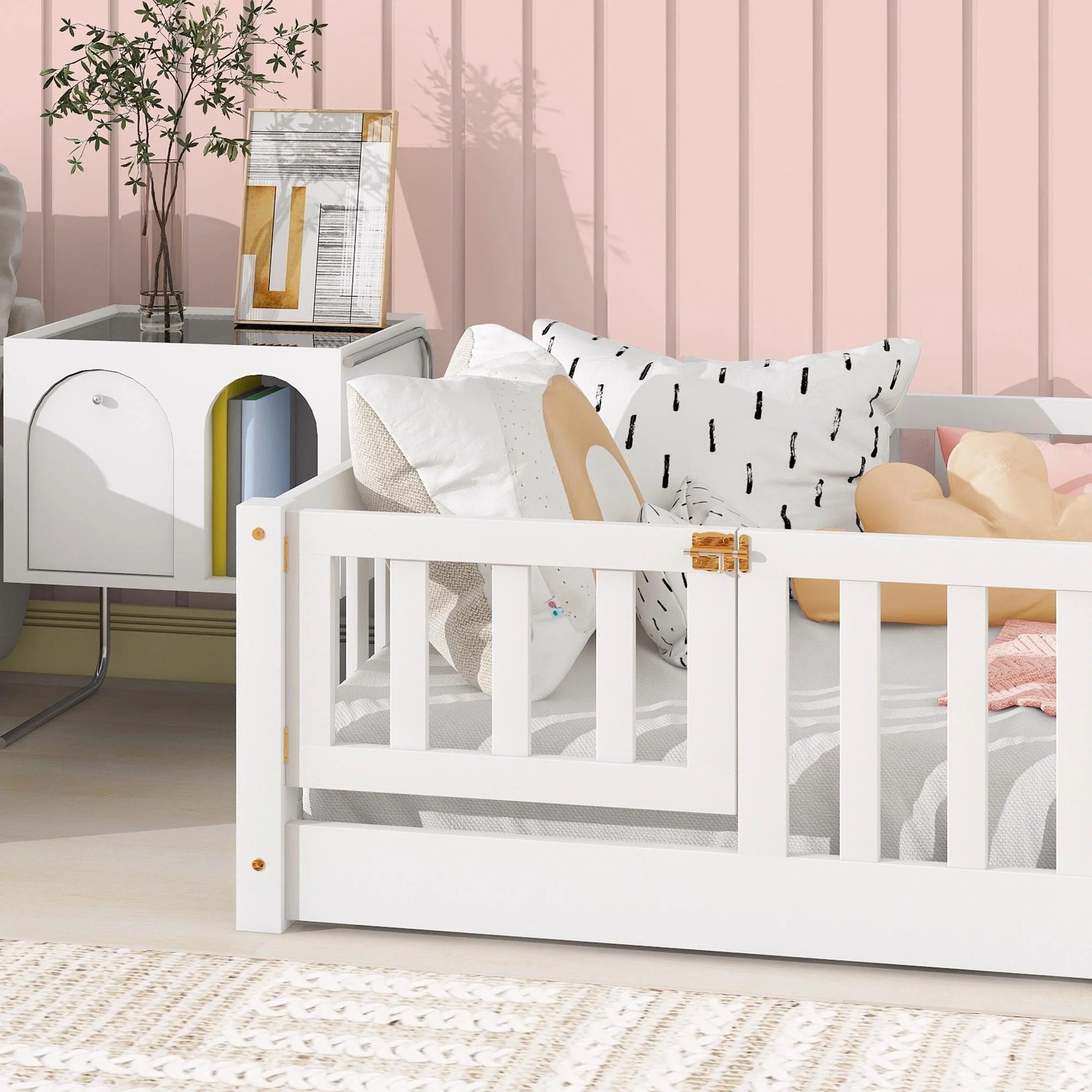 UHOMEPRO Twin Size Floor Bed with Door and Fence, Montessori Floor Bed with Slats and Safety Guardrails, Solid Wood Twin Bed Frame for Bedroom, White - Image 6