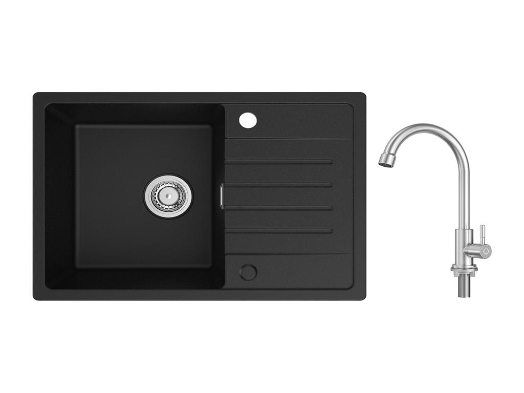 Fregadero de 1 seno de Cuarzo y Resina - Fregadero negro con escurridor 78x45cm + Grifo de cocina de agua fría, Cepillado