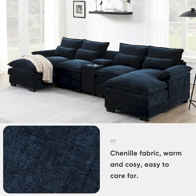 123*55 Contemporary U-Shaped Sofa with Console, Cup Holders, USB Ports, Upholstered Sleeper Couch Set with Chaise
