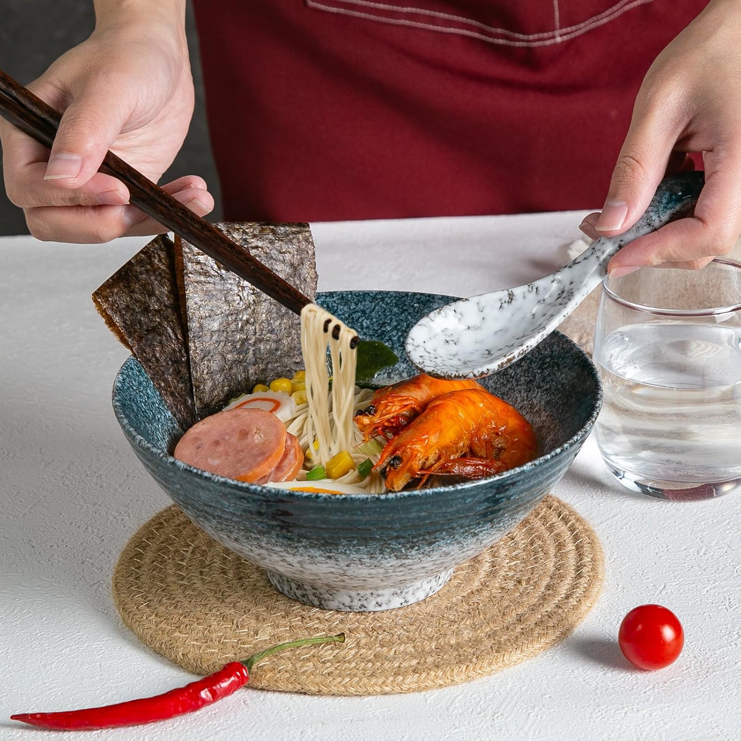 40 oz Ceramic Ramen Bowl Set of 2, Ramen Noodle Bowl with Spoons and Chopsticks 8 Inch Japanese Retro Style Large Soup, Pho, Udon Bowls, Microwave & Dishwasher Safe, Stone