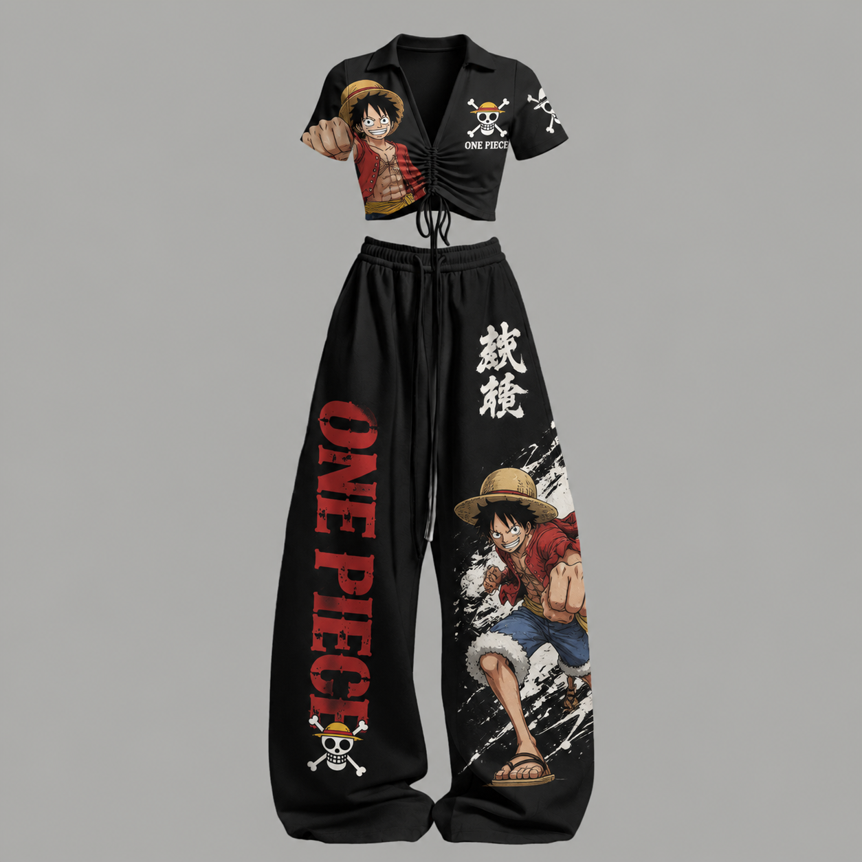 One Piece Drawstring Short Sleeve Top & Long Pants Two-Piece Set