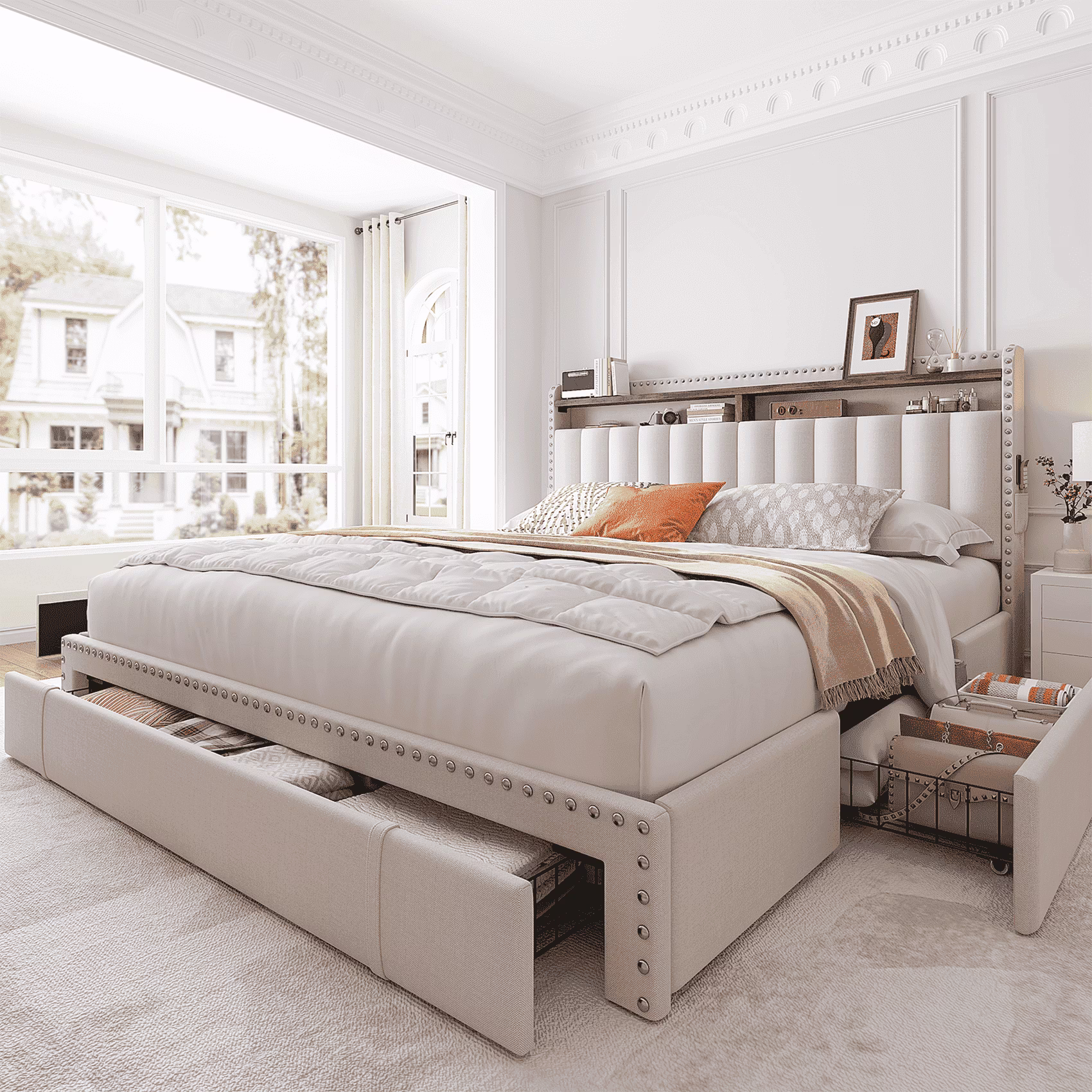 Enhomee Queen Bed Frame with 3 Storage Drawers Upholstered Queen Size Bed Frame with Headboard Noise Free Platform Bed with Metal Frame Wood Slats Support Beige Bedroom Furniture for Adults Clothes(Queen/Gray/with Storage Shelf)