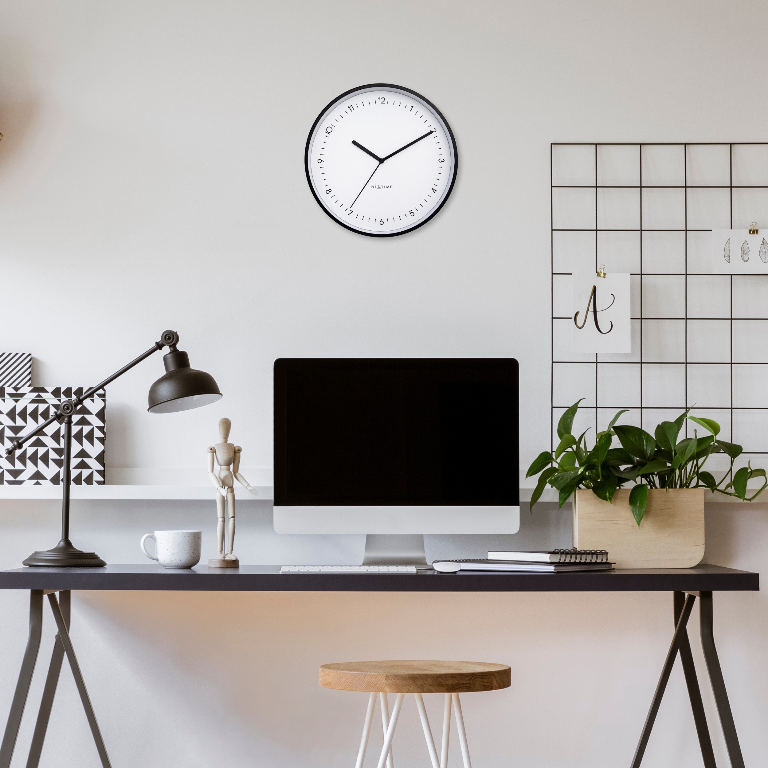 NeXtime - Wandklok 30cm - Stil - Zwart Wit - Aluminium - NeXtime