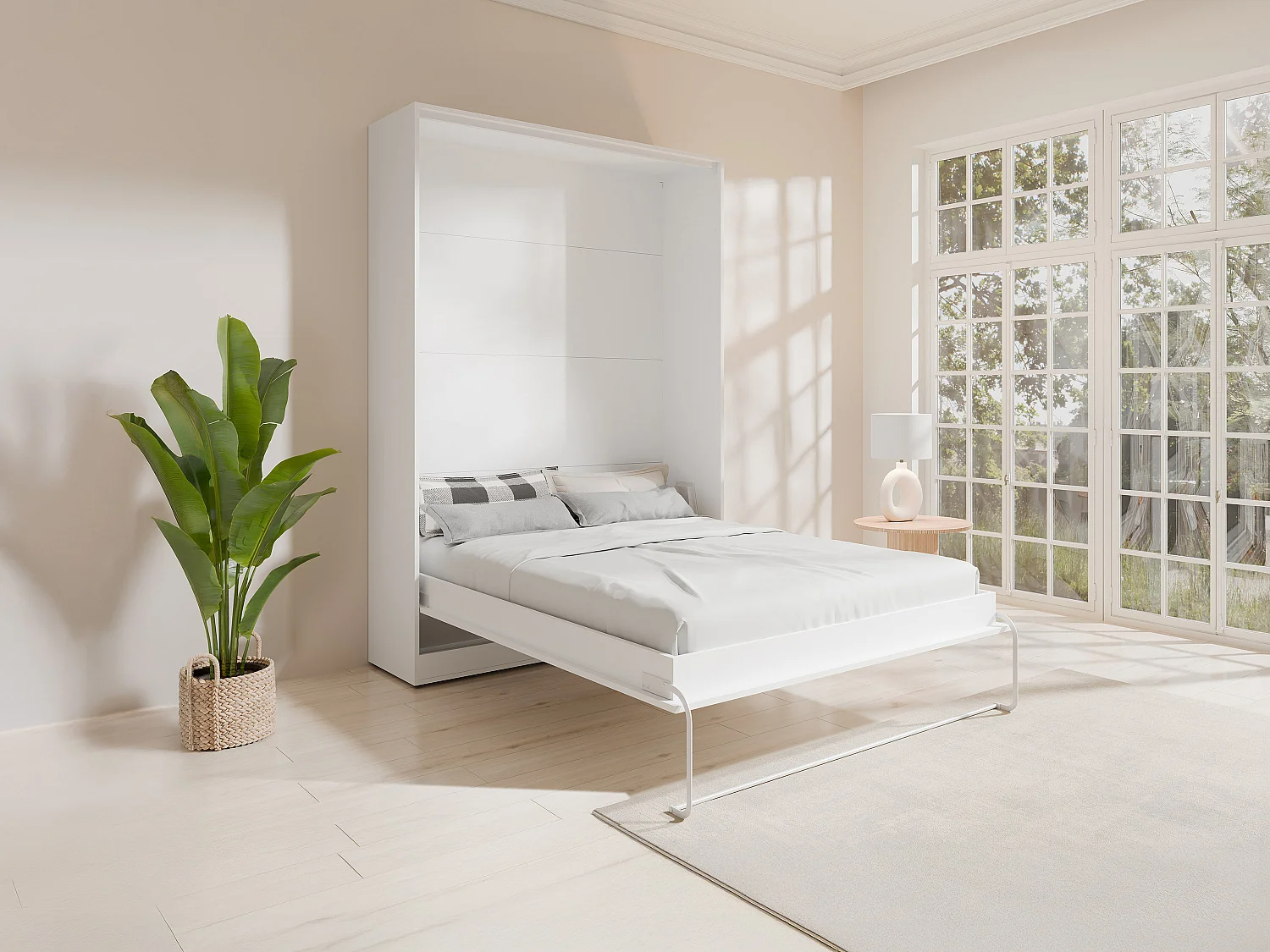 Cama abatible 160 x 200 cm - Apertura vertical manual - Blanco - BEGANIO
