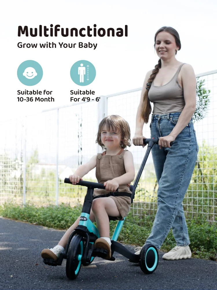 newyoo TR008 5-in-1 Toddler Tricycle with Push Handle, Converts to Balance Bike for 1-3 Year Old, Khaki - Image 12