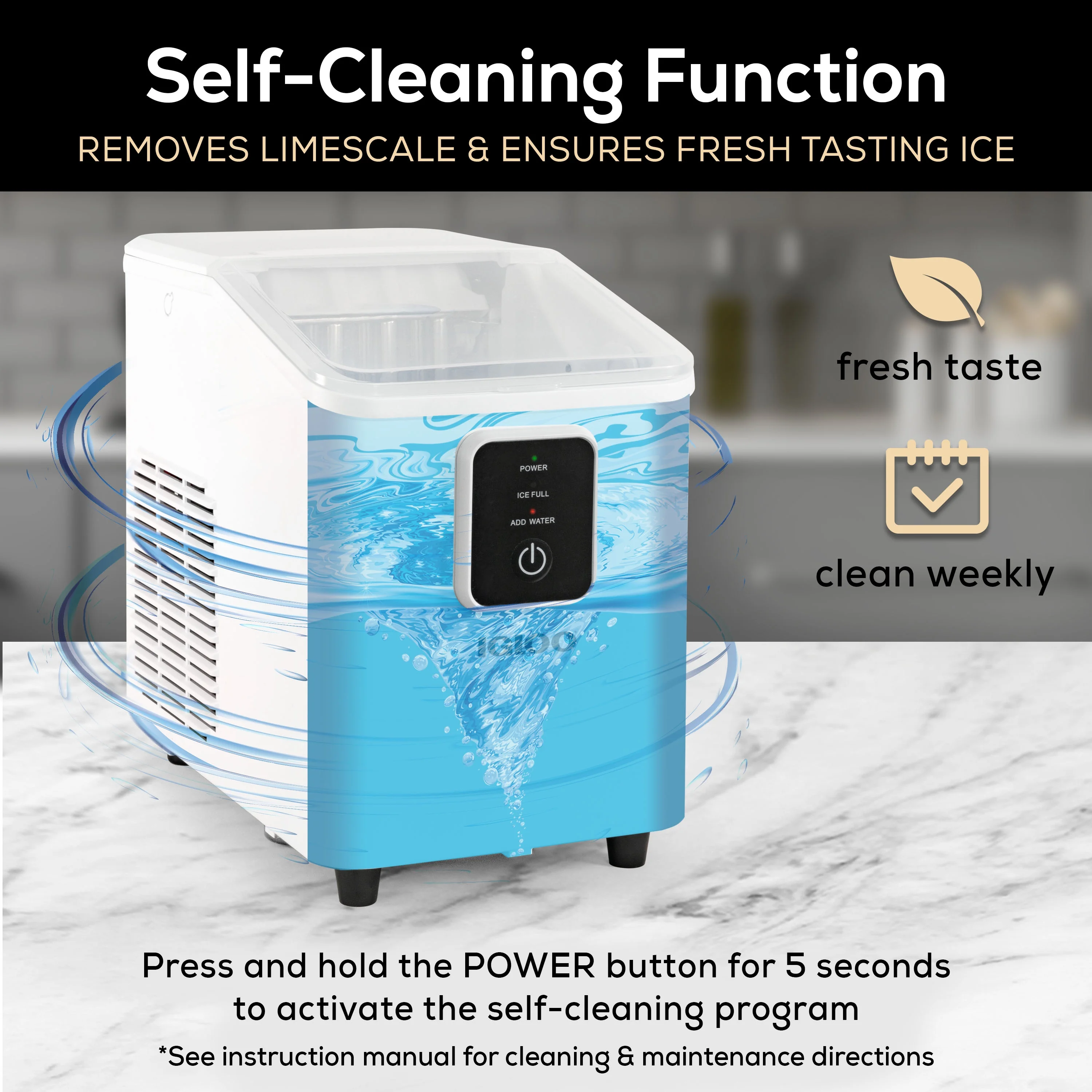 Igloo Self-Cleaning Countertop Ice Maker - Compact and Portable - Creates 26 lbs. Per Day, 8 Pieces Ready Every 7-8 Minutes - Includes Ice Scoop and Basket - Aqua - Image 15