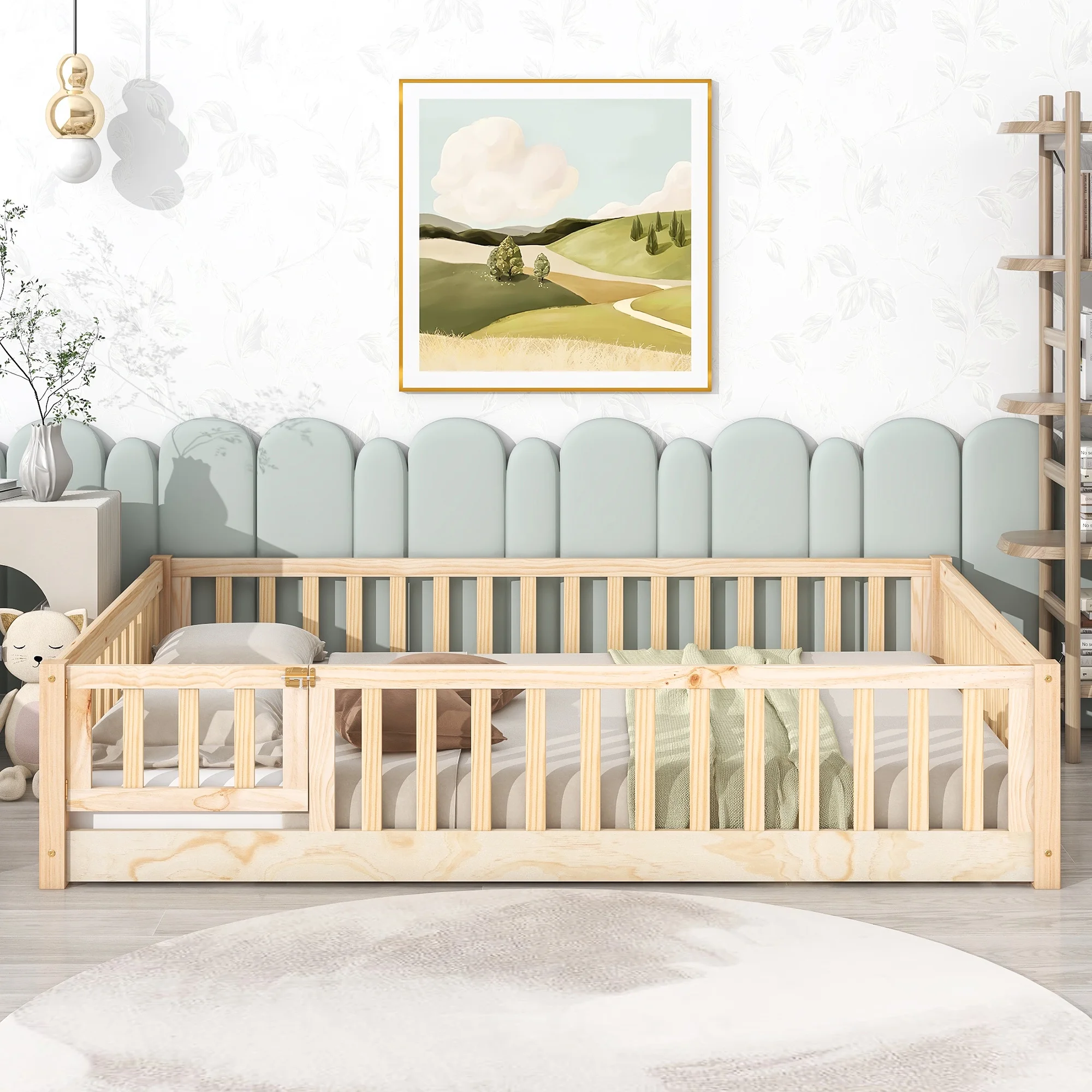 UHOMEPRO Twin Size Floor Bed with Door and Fence, Montessori Floor Bed with Slats and Safety Guardrails, Solid Wood Twin Bed Frame for Bedroom, White - Image 25
