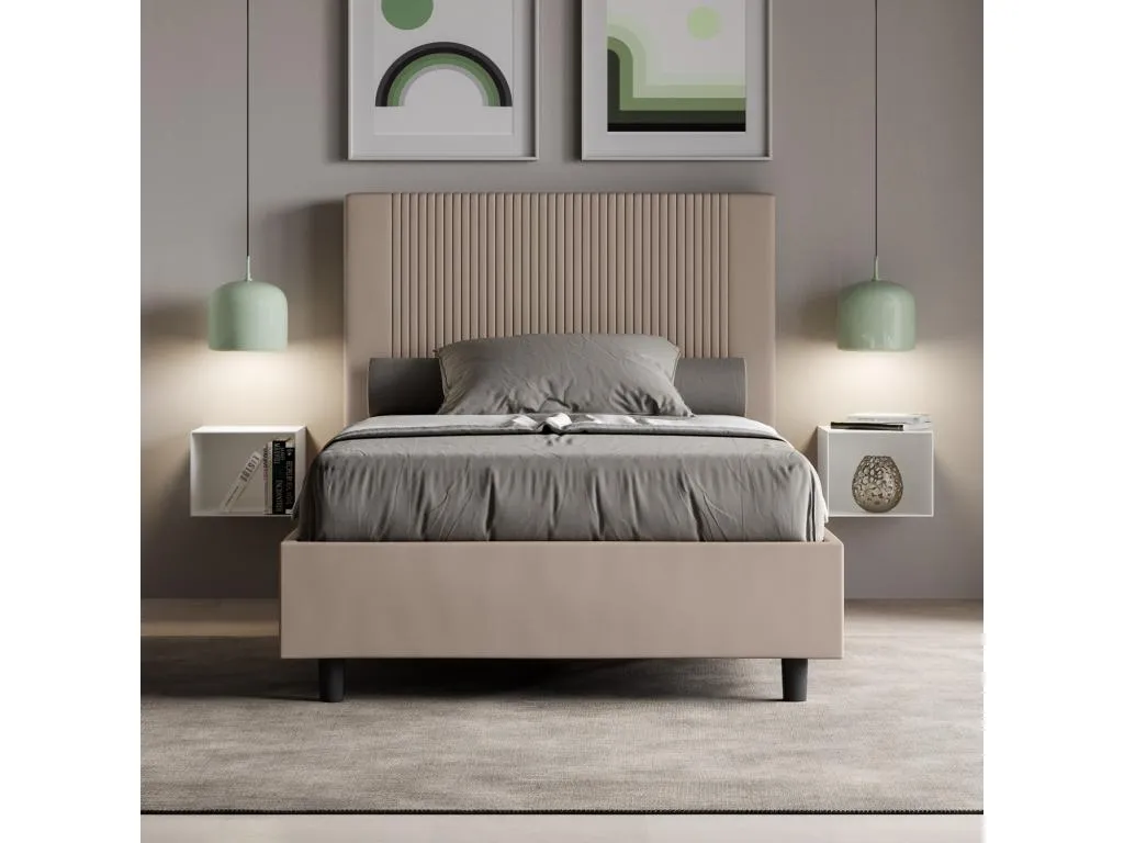 Cama doble Nidovia con somier, acolchada en cuero sintético gris paloma 140x200 cm. jpo810639