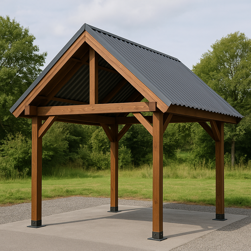 Cochera estructura madera techo chapa metal gris uso exterior jardín 360 x 300 x 338 cm