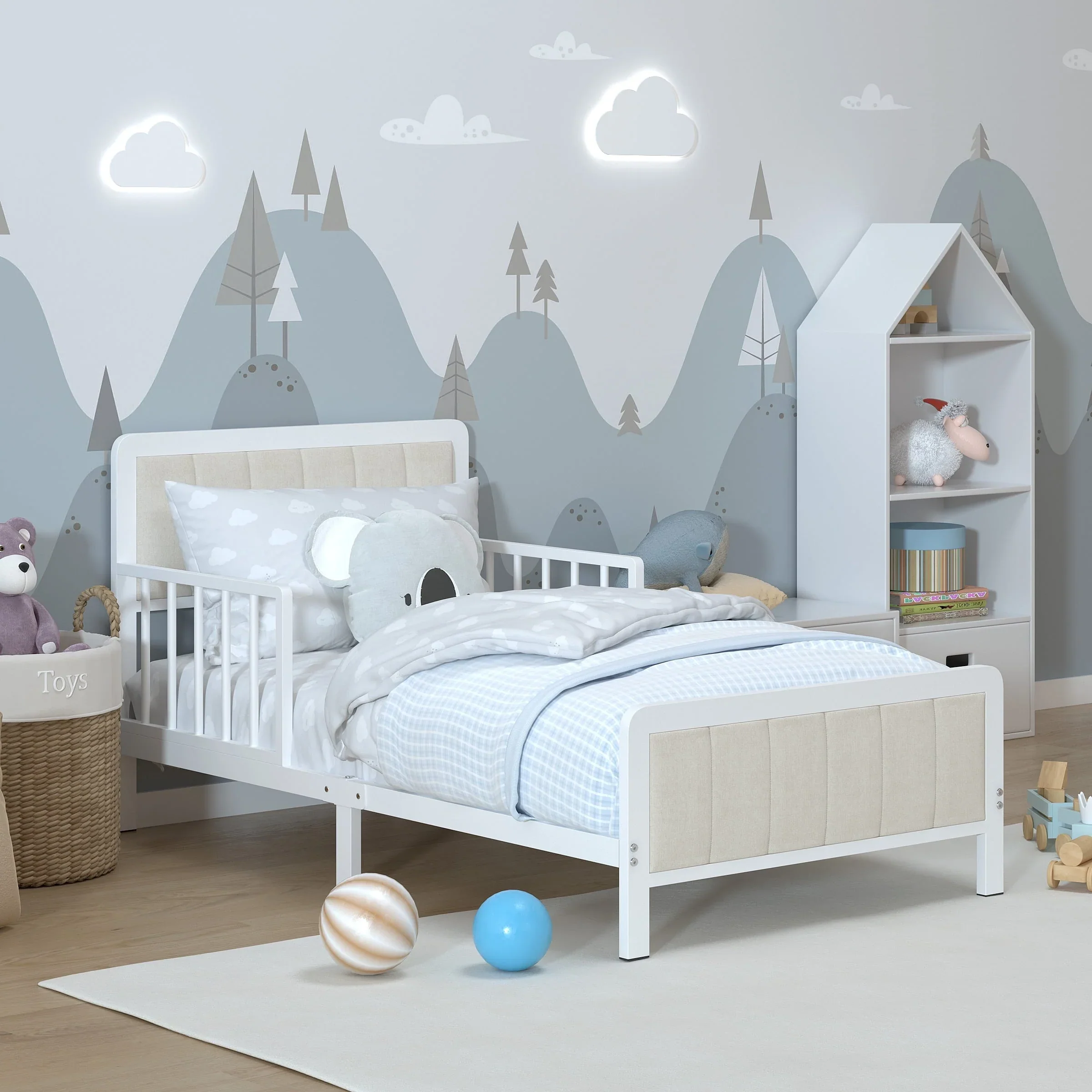 Yoneston Toddler Metal Platform Bed Frame with Guardrails, Children Crib Upholstered Bed Frame for Boys, Girls, Toddler �?White