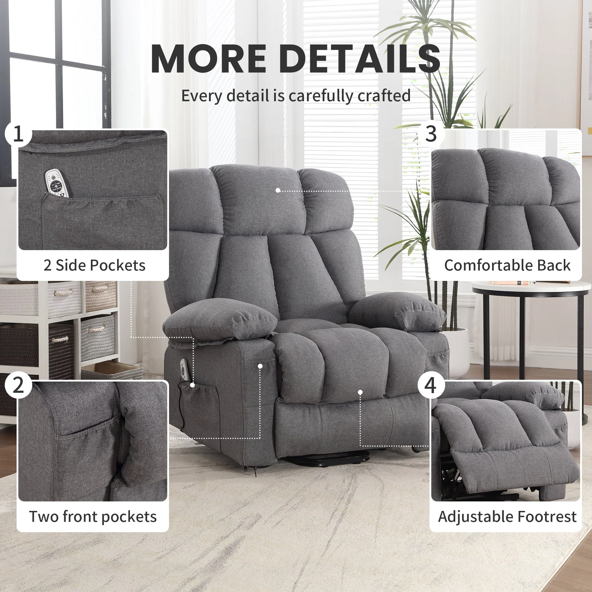 JONPONY Power Lift Recliner Chair Recliners for Elderly with Heat and Massage Recliner Chair for Living Room with Infinite Position and Side Pocket,USB Charge Port,Grey - Image 12