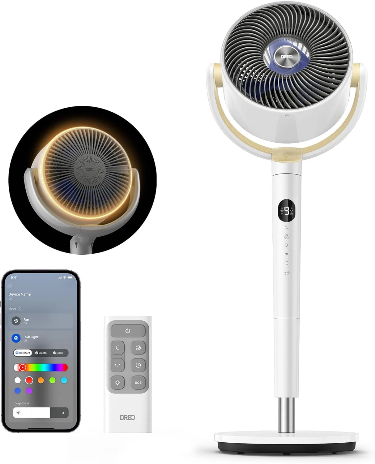 DREO Smart Fan for Bedroom, 120° +120° Omni-Directional Oscillating Fans, 100ft Quiet Pedestal Fan with RGB Light, 9 Speeds, 6 Modes, 20dB, 8H Timer, Wi-Fi/Voice/Alexa, 37-42" Floor Fans with Remote