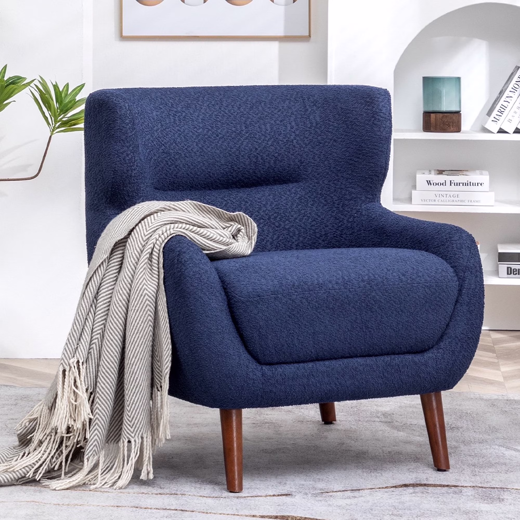 ALEAVIC White Accent Chair Upholstered Armchair with Solid Wood Legs