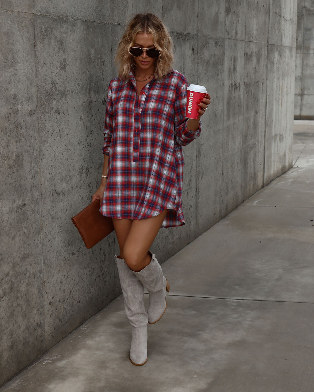 Averie Plaid Pocketed Shirt Dress - Red - Se7enfashion