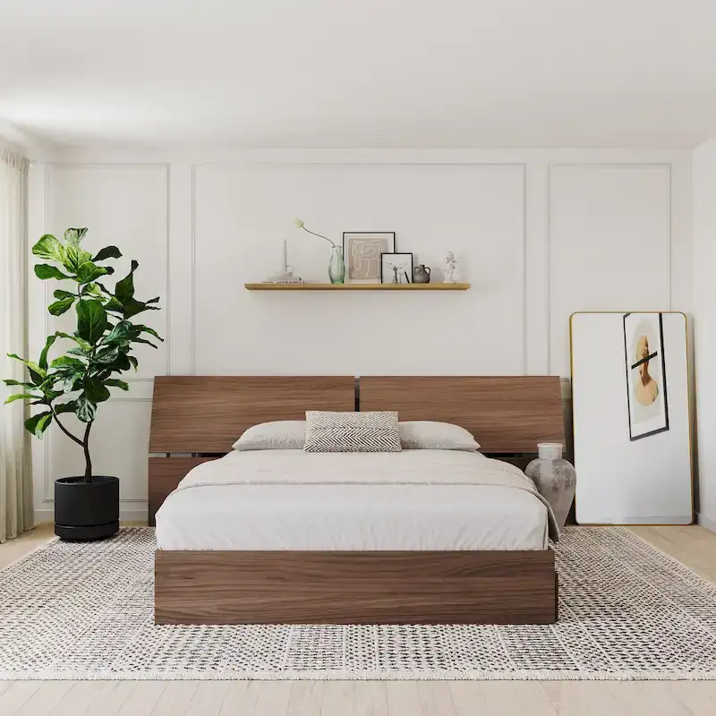 Walnut Nexera Storage Bed with Integrated Headboard