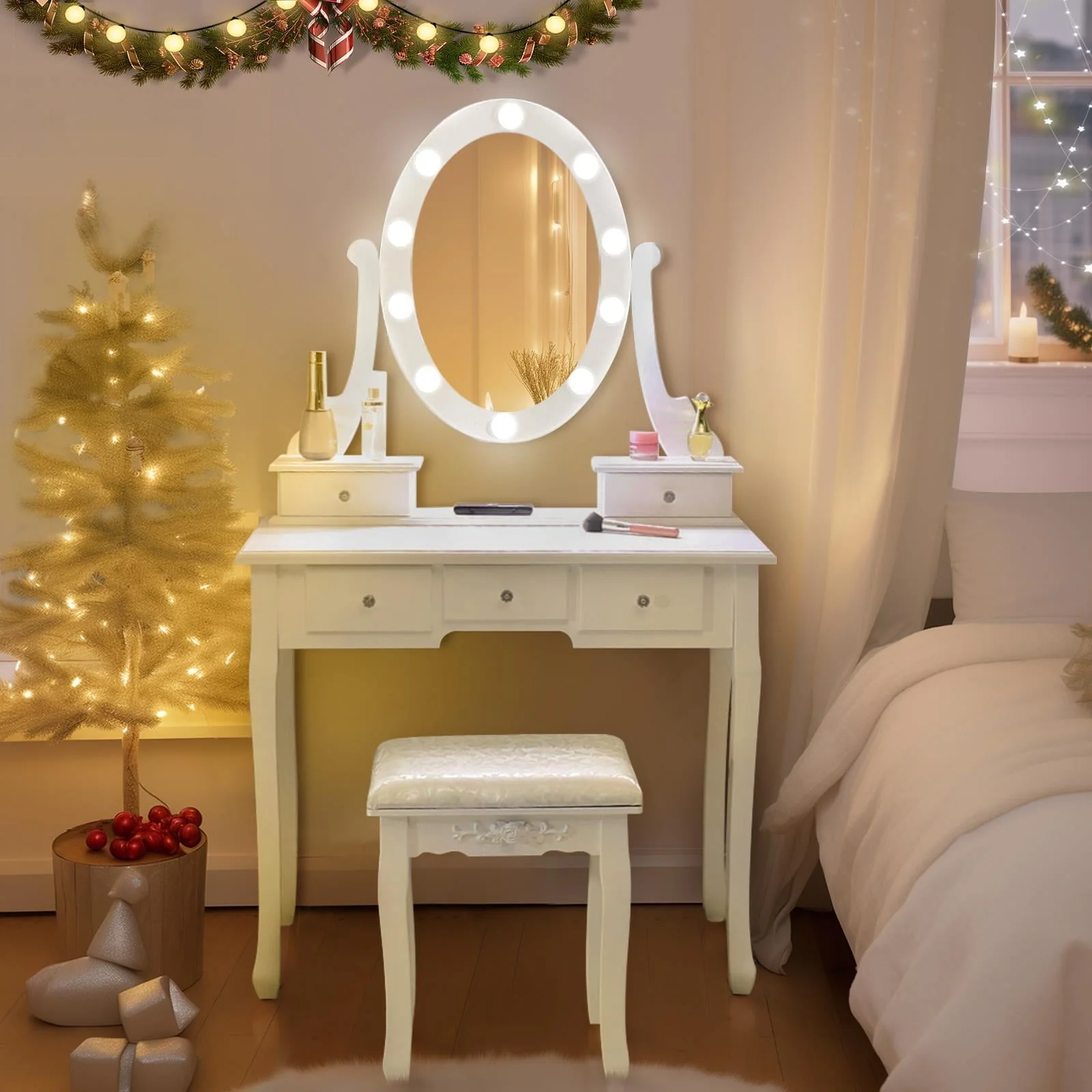 Ktaxon Vanity Table 10 LED Lights, 5 Drawers Makeup Dressing Desk with Cushioned Stool Set,Bedroom Vanities Set White - Image 2