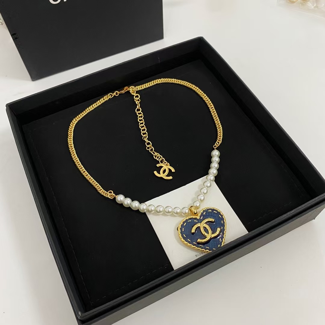 Chanel Denim Heart Double C Pendant Pearl Necklace - Original Replica Club