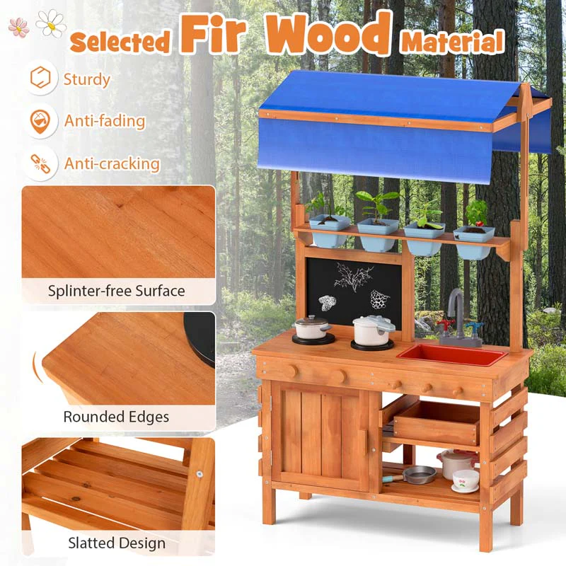 Eletriclife Wooden Pretend Play Kitchen with Height Adjustable Canopy