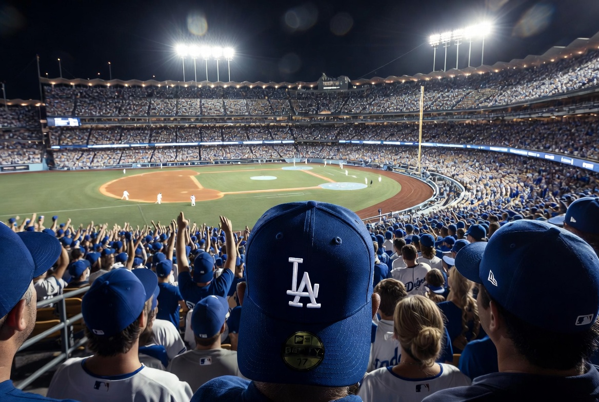 Dodgers fans wearing New Era LA baseball caps cheering during a packed night MLB game at the stadium