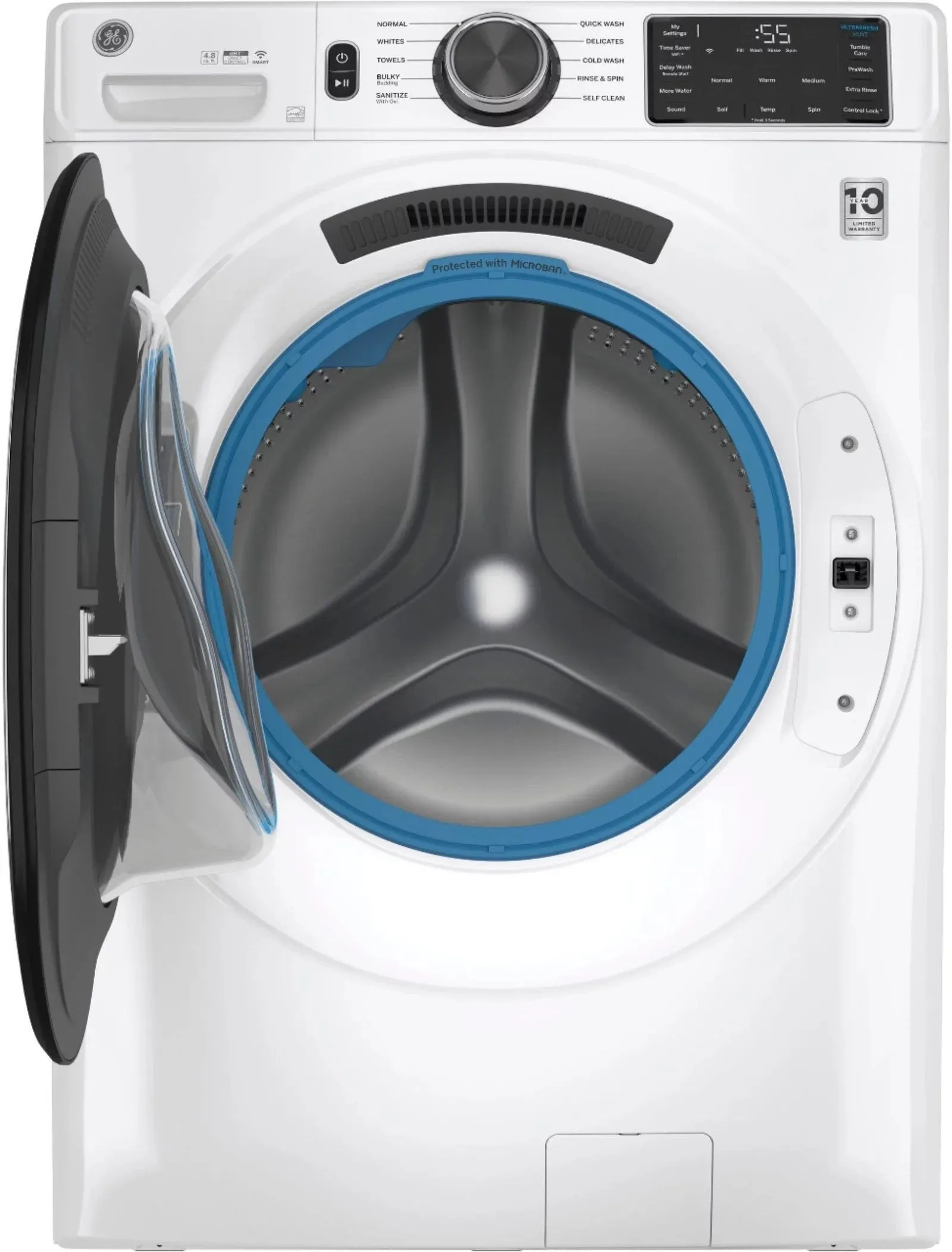 GE – 4.8 CuFt High-Efficiency Stackable Smart Front Load Washer w/UltraFresh Vent System & Microban Antimicrobial Technology – White on white