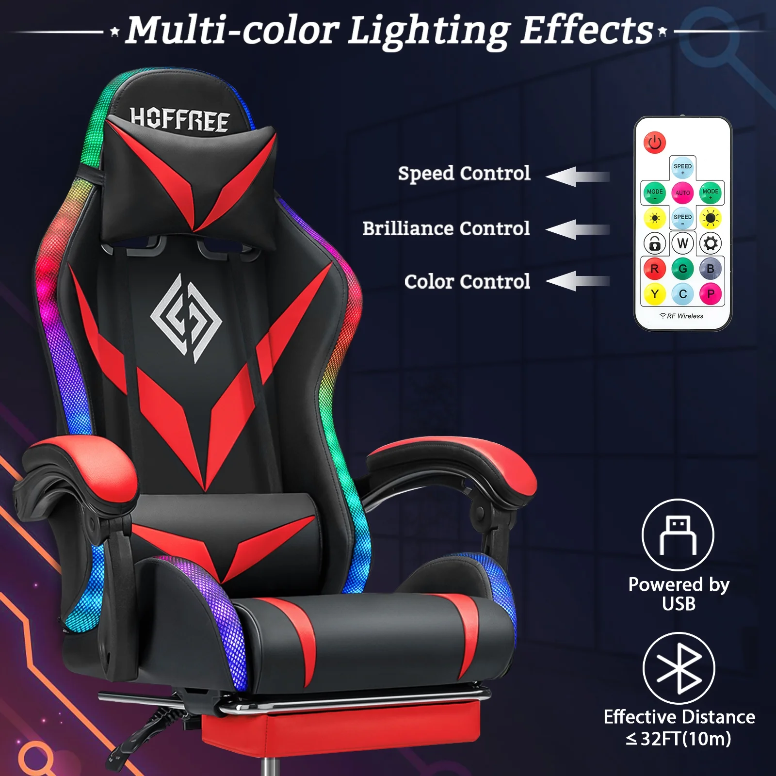 Hoffree Gaming Chair with Speakers PU Leather Office Chair with Footrest and LED Lights Ergonomic Gamer Chair with Massage Lumbar Support and Headrest Adjustable Swivel for Home Office 300lb - Image 61