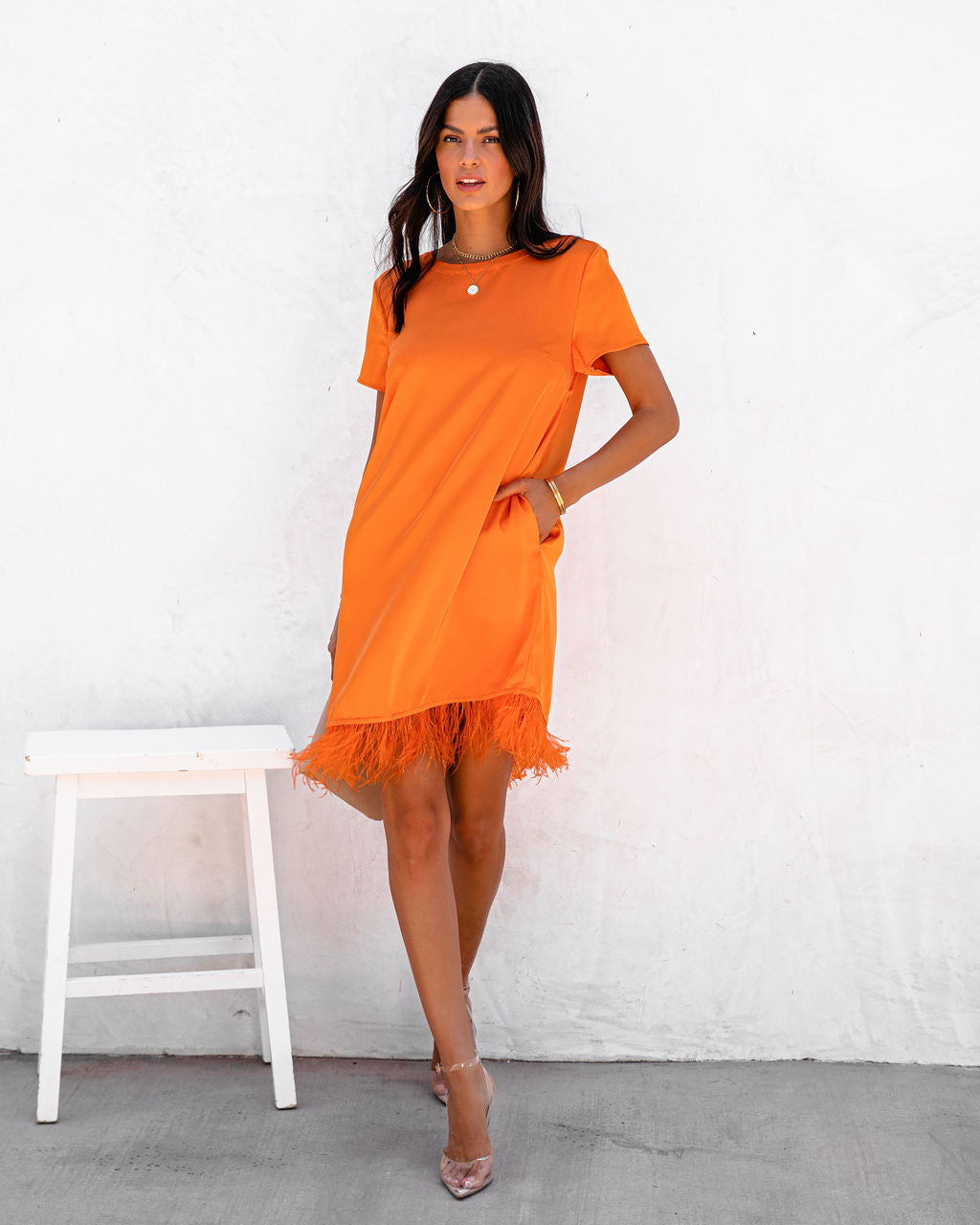 Zaldana Pocketed Feather Trim Dress - Orange - FINAL SALE - Se7enfashion
