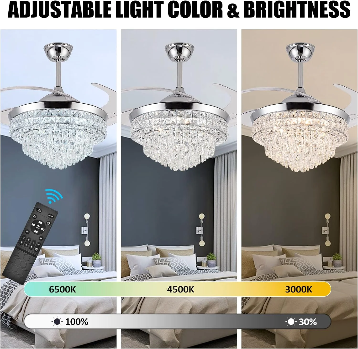 Datingday 42 Inch Crystal Ceiling Fan Golden Crystal Ceiling Fan Chandelier with Remote 6 Speeds 3 Colors Changes Lighting Fixture, 4 Blades Retractable Fans for Bedroom Living Room Dining Room - Image 22