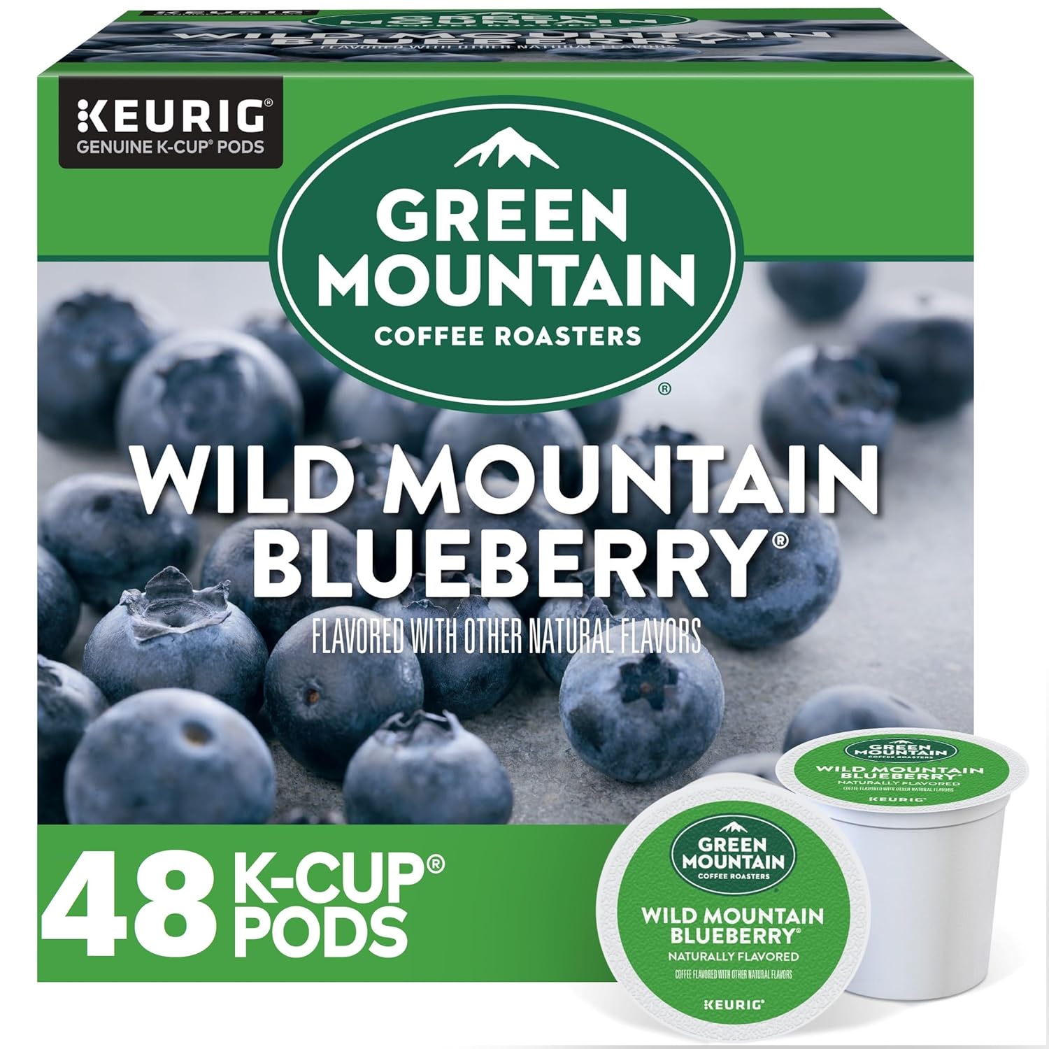 Green Mountain Coffee. Wild Mountain Blueberry. Single-Serve Keurig K-Cup Pods. Light Roast. 48 Ct (2 Boxes of 24 Pods)