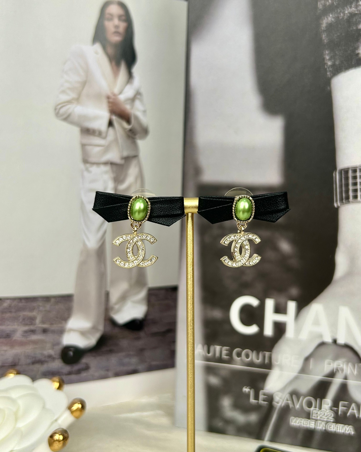 Chanel Leather Bow Green Pearl CC Dangle Earrings - Original Replica Club