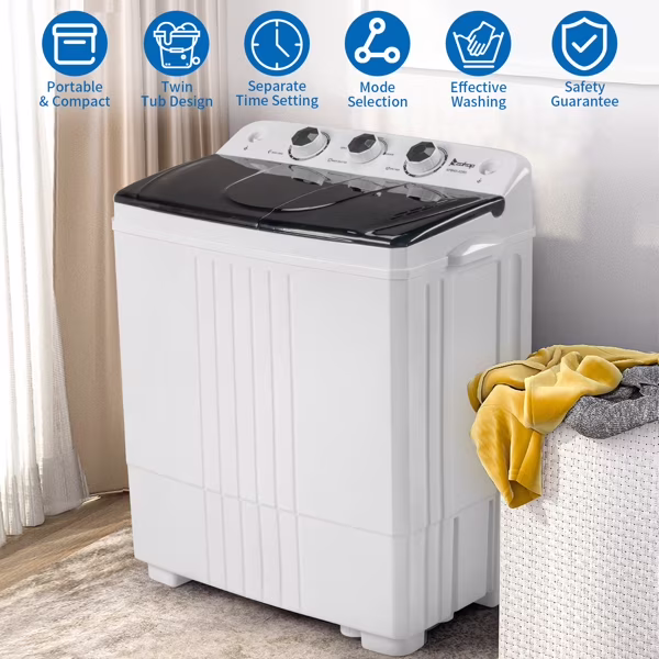 20 lb Twin Tub Washing Machine W/ Built - in Pump - Semi - Automatic 1300RPM Compact Washer for Apartment, Dorm, RV, Camping, White/Black