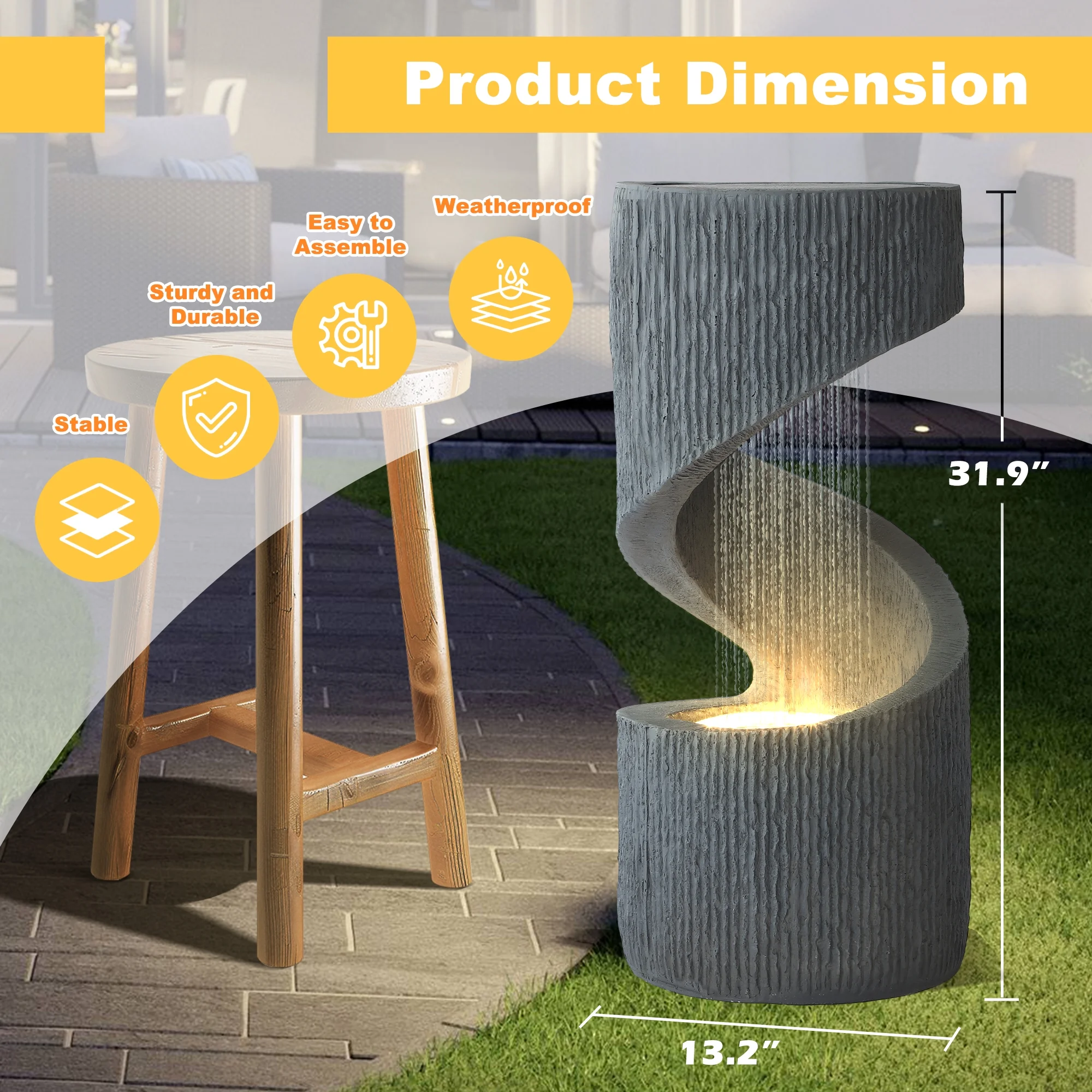 Magic Union Outdoor S-Shaped Water Fountain, Spiral Waterfall Indoor Fountain Outside Garden Decor with LED Lights & Pump, Curved Patio Resin Fountains for Yard, Deck, Porch and Home Decorations - Image 3