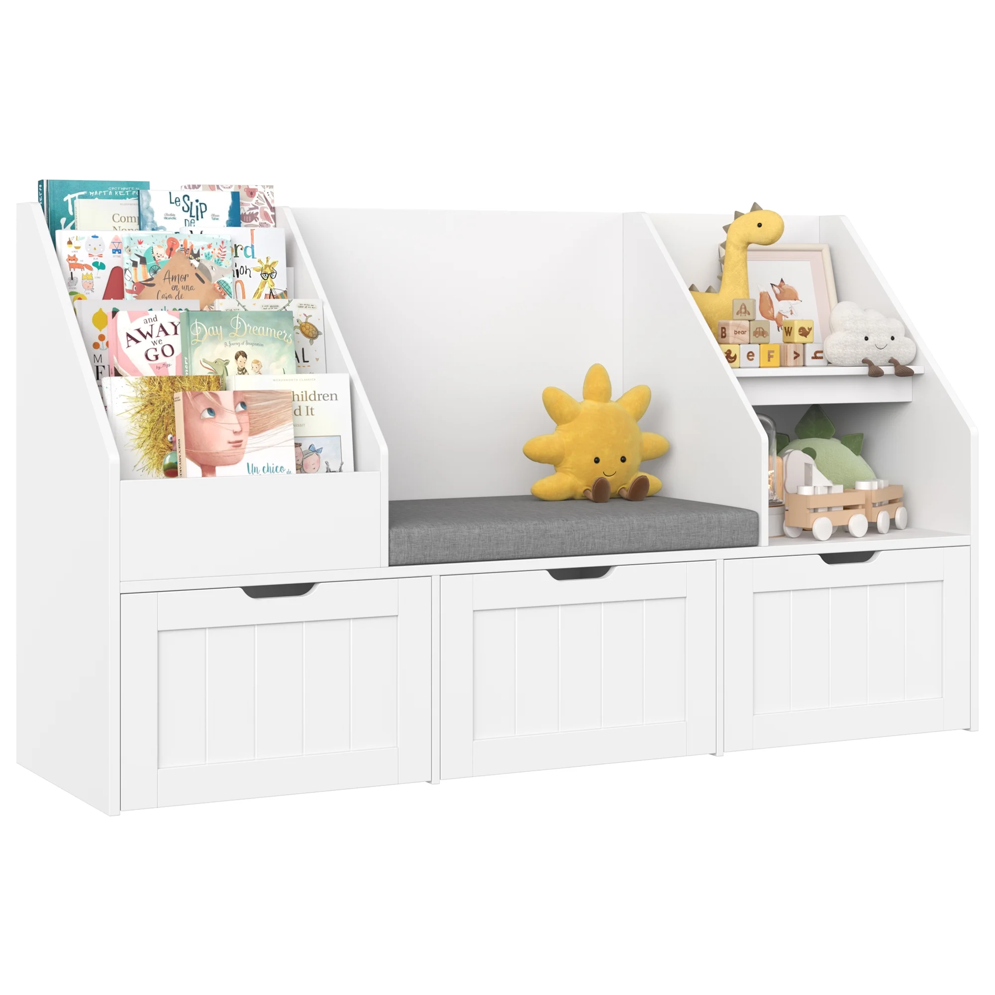 Homfa Kids Bookshelf with Reading Nook & 3 Movable Drawers, 2 Cube Bookcase with 4-Tier Book Racks, Toy Storage Organizer for Playroom Bedroom, White - Image 2