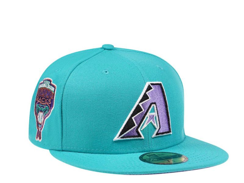 Front angle of the New Era Arizona Diamondbacks Teal 59FIFTY Fitted Hat showing the raised purple A logo and the 1998 Inaugural Season side patch.