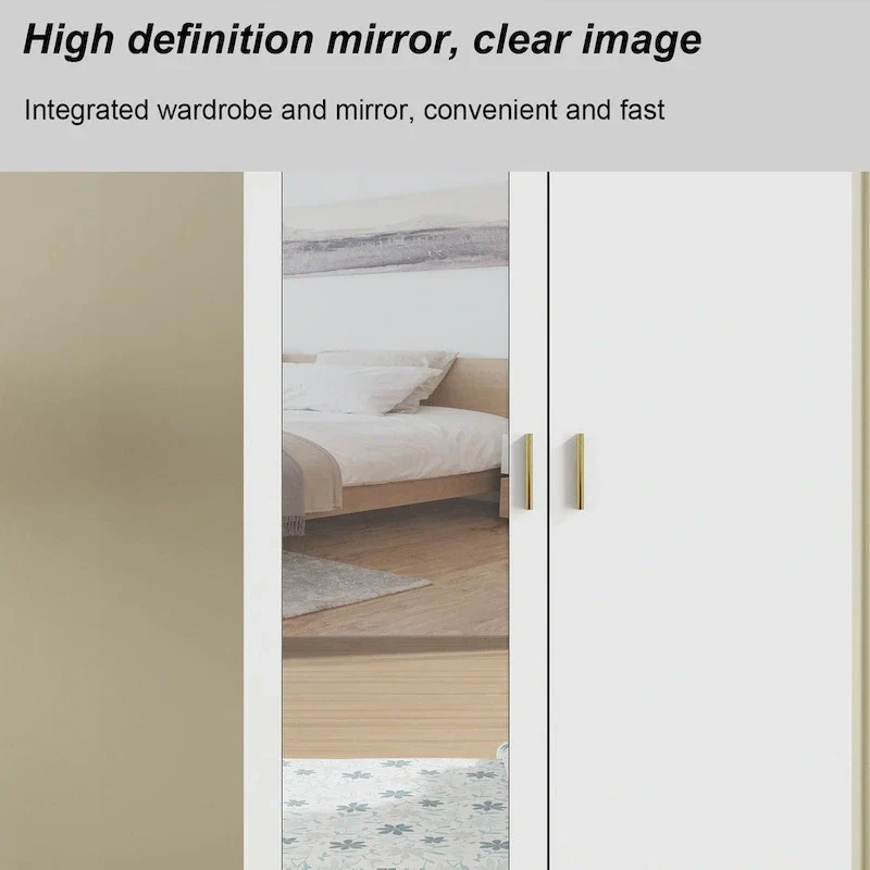 Modern Wardrobe Armoire with Mirror Door Hanging Rod and Drawers