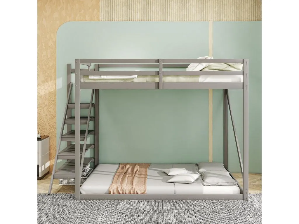 Literas 140x200 cm con escalera de seguridad - Decoesp maciza - somier de láminas sólo arriba - gris HKYR72769