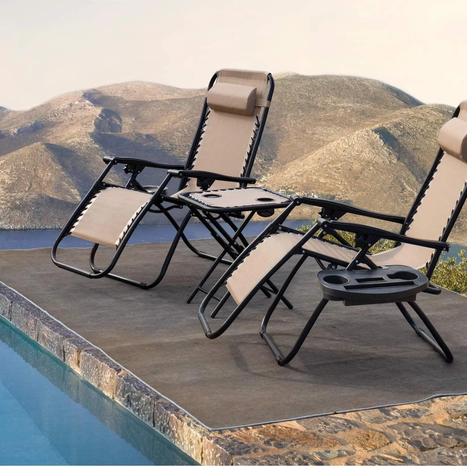Vineego 3 Pieces Zero Gravity Chair Patio Foldable Chaise Lounge Chairs 2 Beach Chairs and Table with Cup Holders,Beige - Image 5