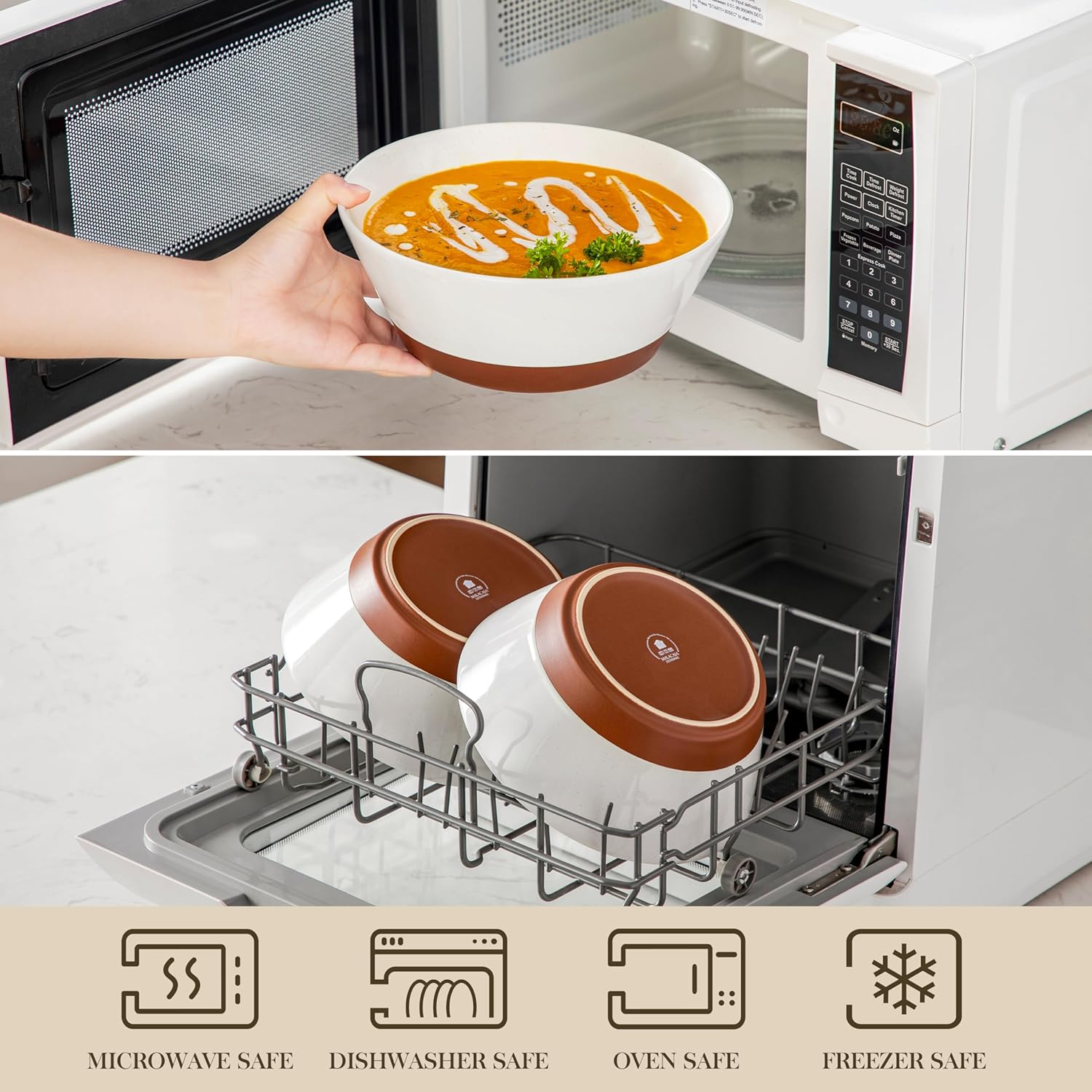MALACASA Salad Bowls Set of 4, Soup Bowls for Kitchen, 60oz Large Ceramic Bowl for Ramen, Cereal, Fruit, Pho and Pasta, Microwave & Dishwasher Safe, Speckled Deep Bowls, White & Brown