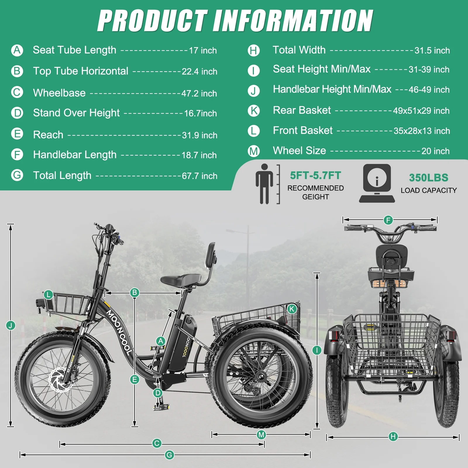 20" x 4" Fat Tire Electric Tricycle for Adult, 7 Speeds Electric Trike 48V 500W Motorized Tricycle , Electric Three Wheels Bicycle for Senior, Aluminum Frame & Rear Basket ,16mph - Image 42