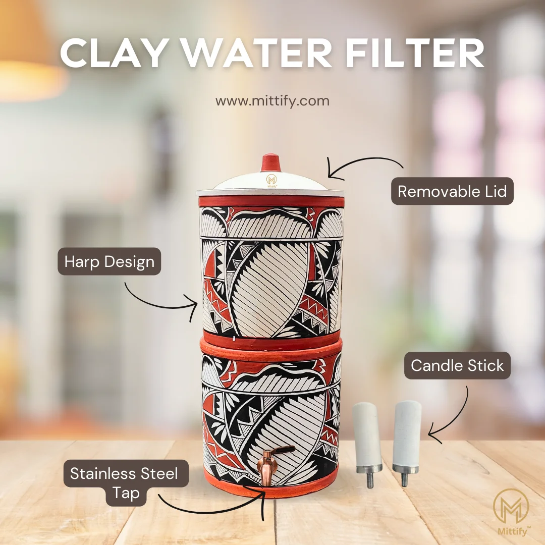 Mittify Handmade Clay Water Filter with Lid & Metal Tap | Earthen Harp Design Water Filter | Eco-Friendly Clay Filter (676oz/20L) - Image 6