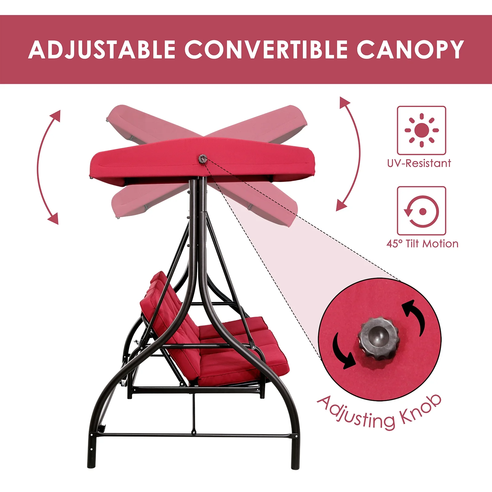 Arlopu 3 Person Porch Swing Outdoor Converting Canopy Swing Glider with Canopy - Image 25