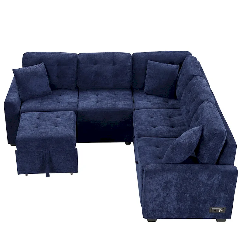 82.6-Inch L-Shaped Sleeper Sofa with Pull-Out Feature, Wheels, USB Ports, and Power Sockets - Dimensions: 82.6W x 82.6D x 33H